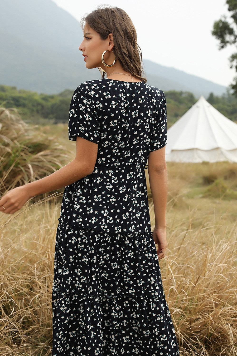 Cotton Ruffle Floral Bohemian Dress Blue