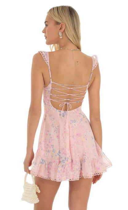 Floral Dotted A-Line Dress in Pink