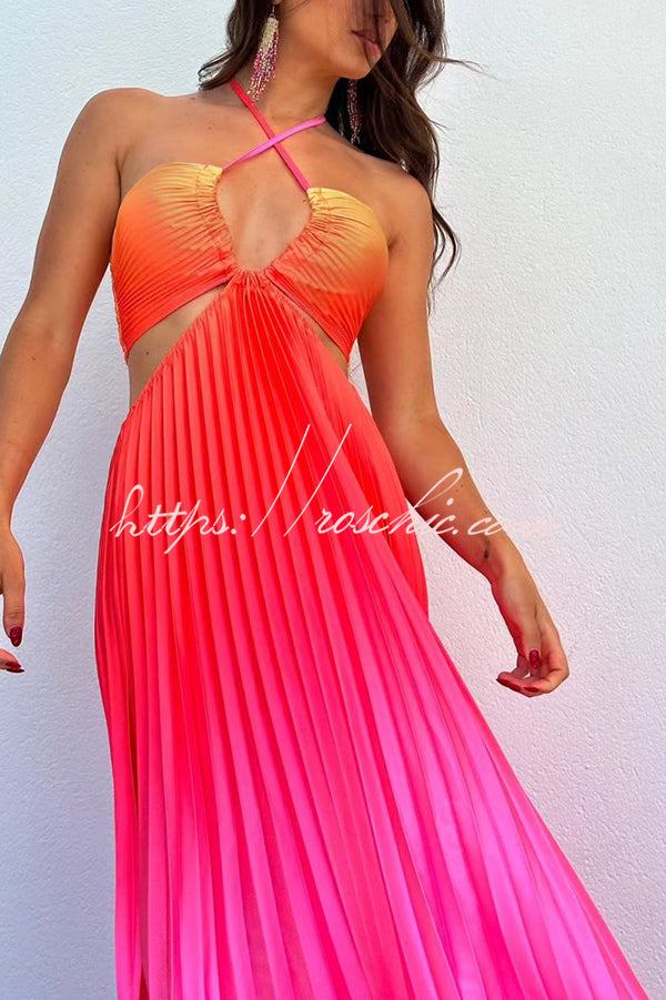 Get Ready Beautiful Gradient Print Cutout Halterneck Pleated Maxi Dress