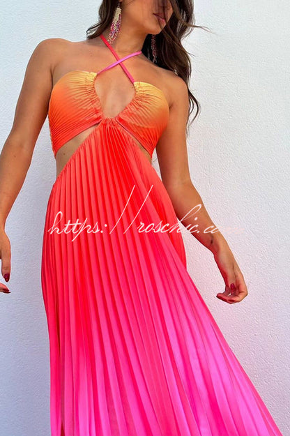 Get Ready Beautiful Gradient Print Cutout Halterneck Pleated Maxi Dress