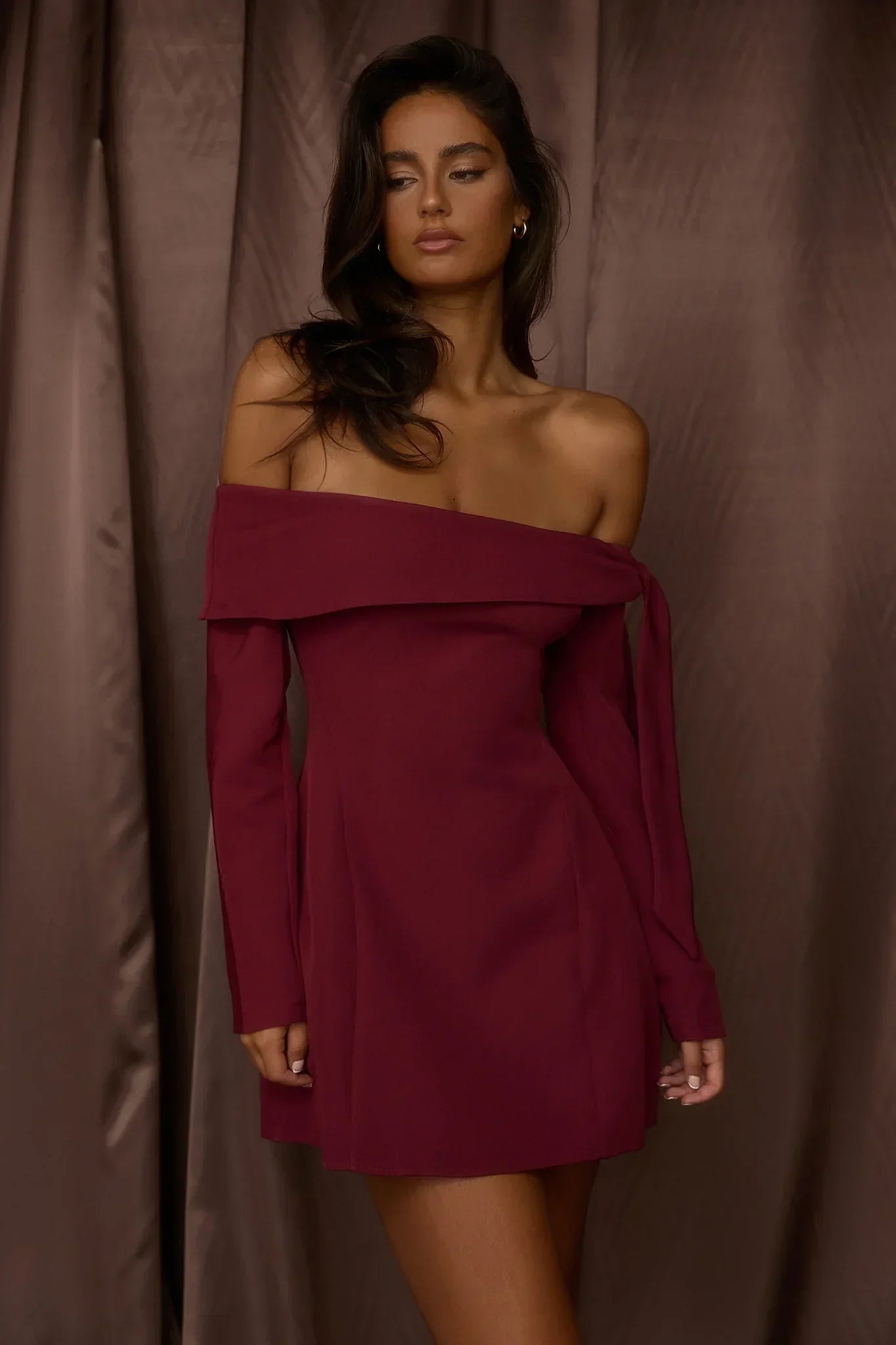 Aurora Sky Off-Shoulder Tie Mini Dress Wine