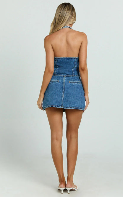 Walton Skort - Mid Waisted Recycled Denim Skort in Dark Blue Wash