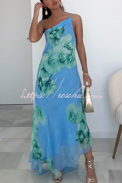 Floral Print Irregular Hem Open Back Strap Maxi Dress