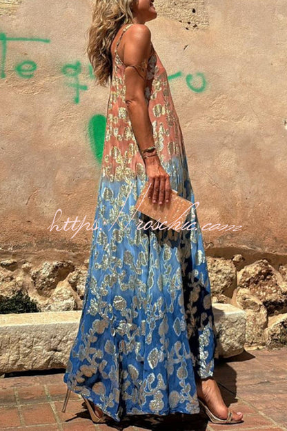 Bianca Tie Dye Gradient Flower Print Pocketed A-line Slip Maxi Dress