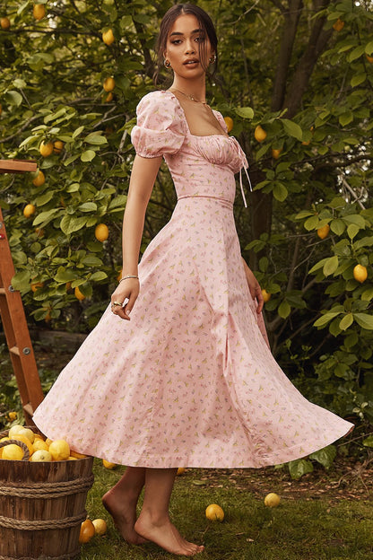 Vestido midi con abertura y mangas abullonadas 