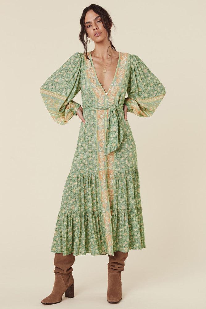 Vestido midi drapeado con escote en V y manga larga floral verde 