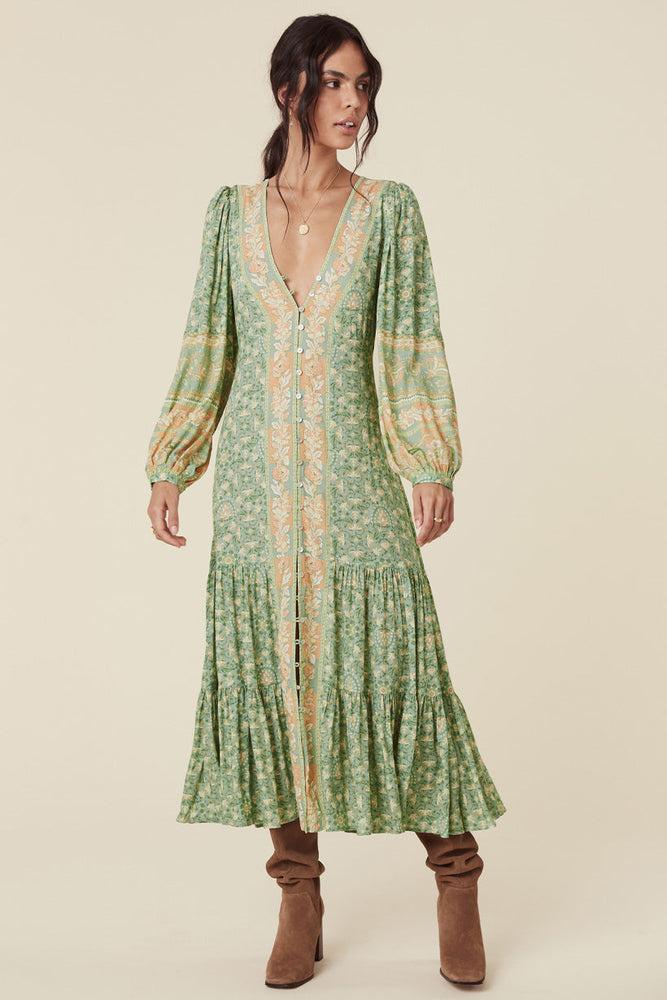 Vestido midi drapeado con escote en V y manga larga floral verde 