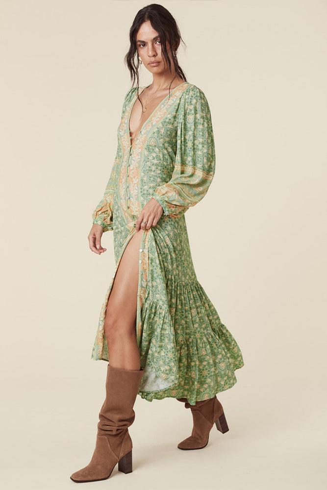 Vestido midi drapeado con escote en V y manga larga floral verde 