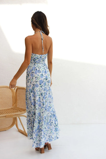 Floral V-Neck Backless Maxi Dress Blue