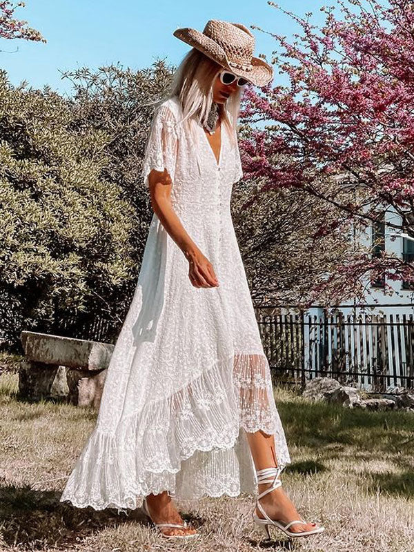 Maxi Dress V Neck Short Sleeves Lace Casual White Boho Dresses