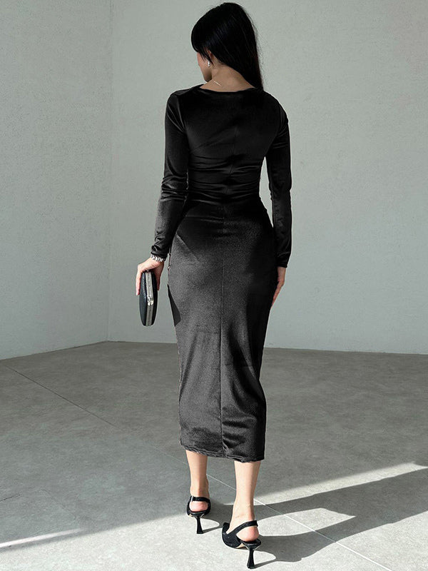Velvet Dress Black Pleated Dating Long Sleeves Jewel Neck Summer Maxi Dresses