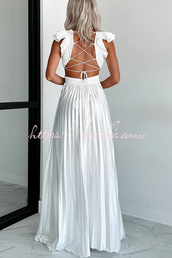 Opulent Occasion Satin Pleated Ruffle Sleeve Back Lace-up Maxi Dress