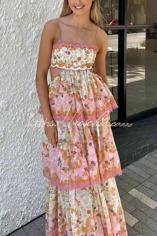 Charming Smile Floral Print Scalloped Lace-trim Back Tie-up Tiered Maxi Dress
