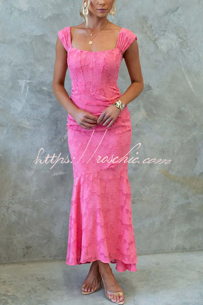 Unreal Beauty Floral Textured Material Ruched Fishtail Maxi Dress