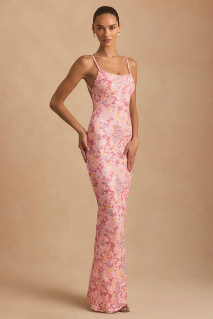 Embellished Scoop-Neck Backless Maxi Dress in Pink