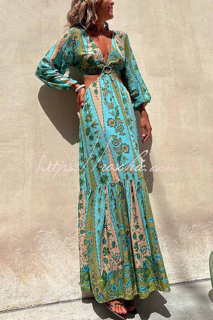 Surprised By You Printed Side Cutout Elastic Waist Maxi Dress