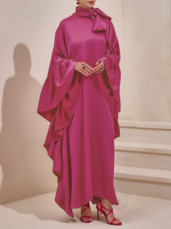 Batwing Sleeves Loose Hollow Pleated Solid Color Split-Joint High Neck Evening Dresses Maxi Dresses