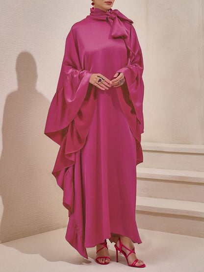 Batwing Sleeves Loose Hollow Pleated Solid Color Split-Joint High Neck Evening Dresses Maxi Dresses