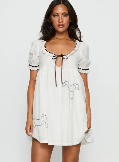 Cloudy Babydoll Contrast Trim Mini Dress White