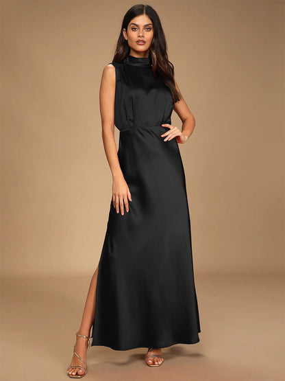 Maxi Dress High Collar Sleeveless Casual Low-slit Long Dress