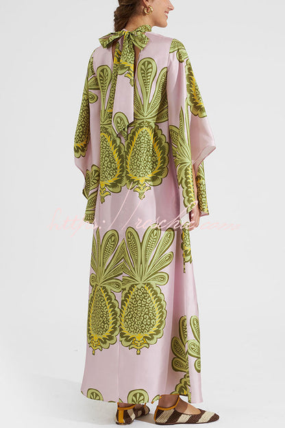 Shine The Light Unique Printed High Neck Bell Sleeve Loose Maxi Dress