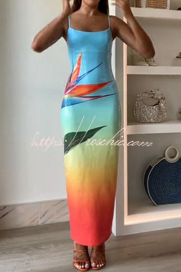 Dreamy Dreamy Sequin Unique Floral Gradient Print Slit Stretch Maxi Dress