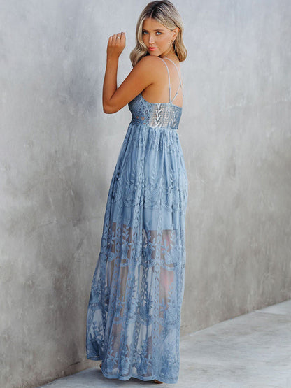 Sheer Dress Dual Straps Crossover Back Adjustable Summer Casual Maxi Dresses