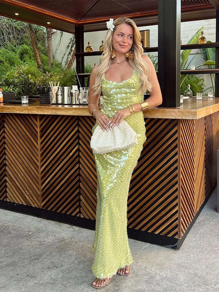 Sequin Backless Lace-Up Square Collar Maxi Dress