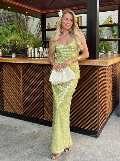 Sequin Backless Lace-Up Square Collar Maxi Dress