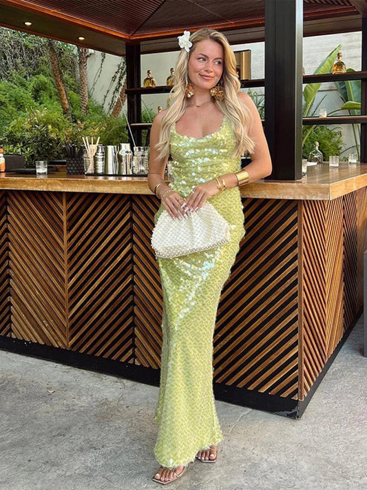 Sequin Backless Lace-Up Square Collar Maxi Dress