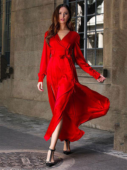 Maxi Dresses V-Neck Long Sleeves Sexy High-slit Floor Length Dress