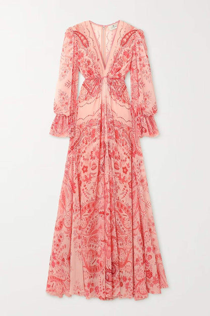 Printed Long Sleeve V-Neck Lace Trim Maxi Dress