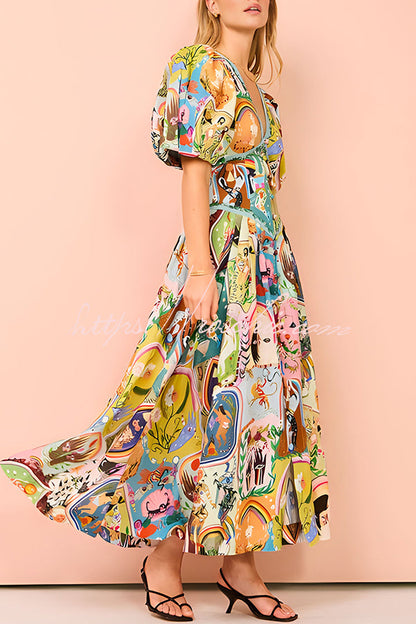 Exquisite Unique Printed V Neck Puff Sleeve Maxi Dress