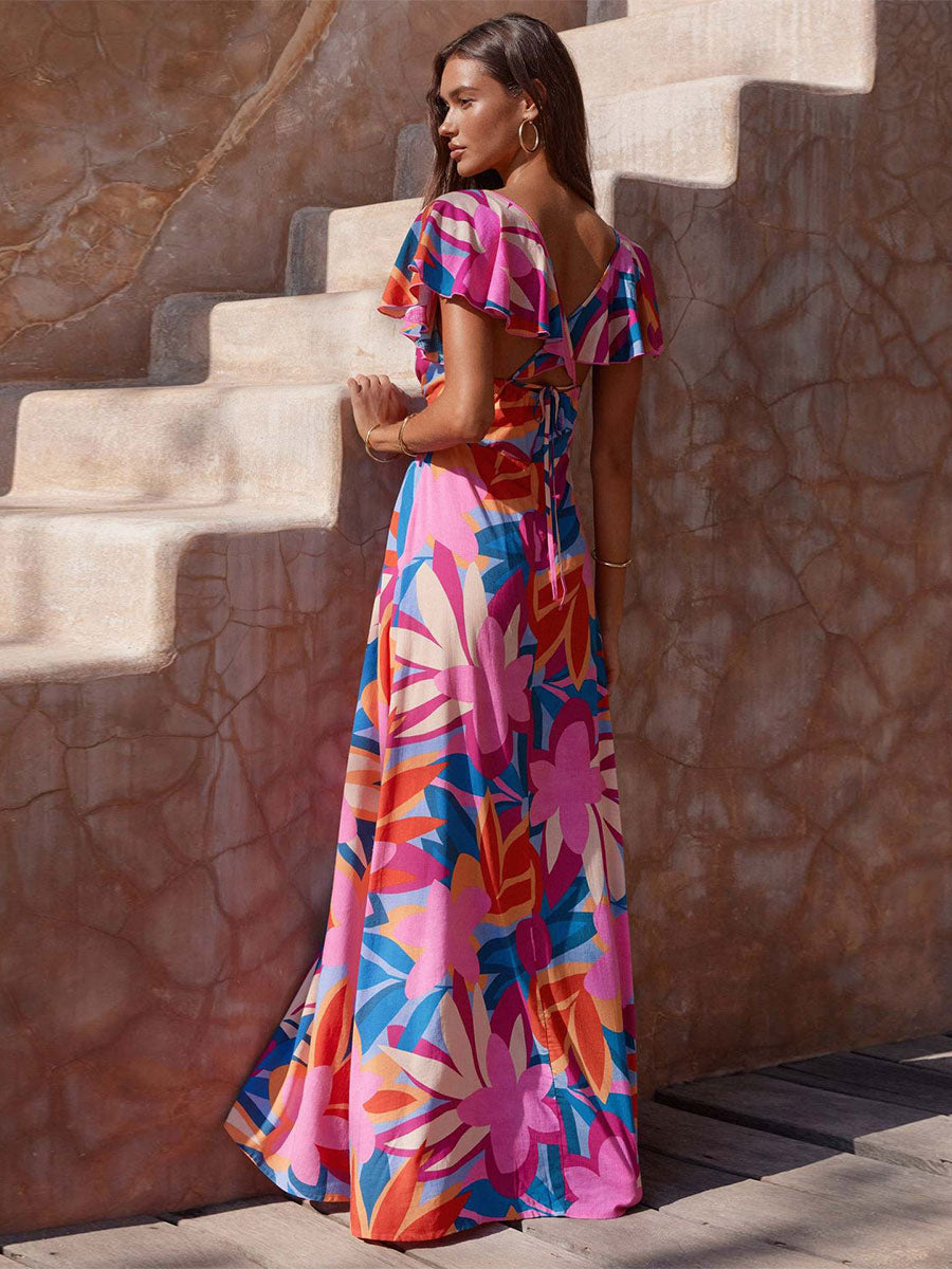 Printed Dress V-Neck Cap Sleeves Boho-Inspired Casual Summer Maxi Dresses