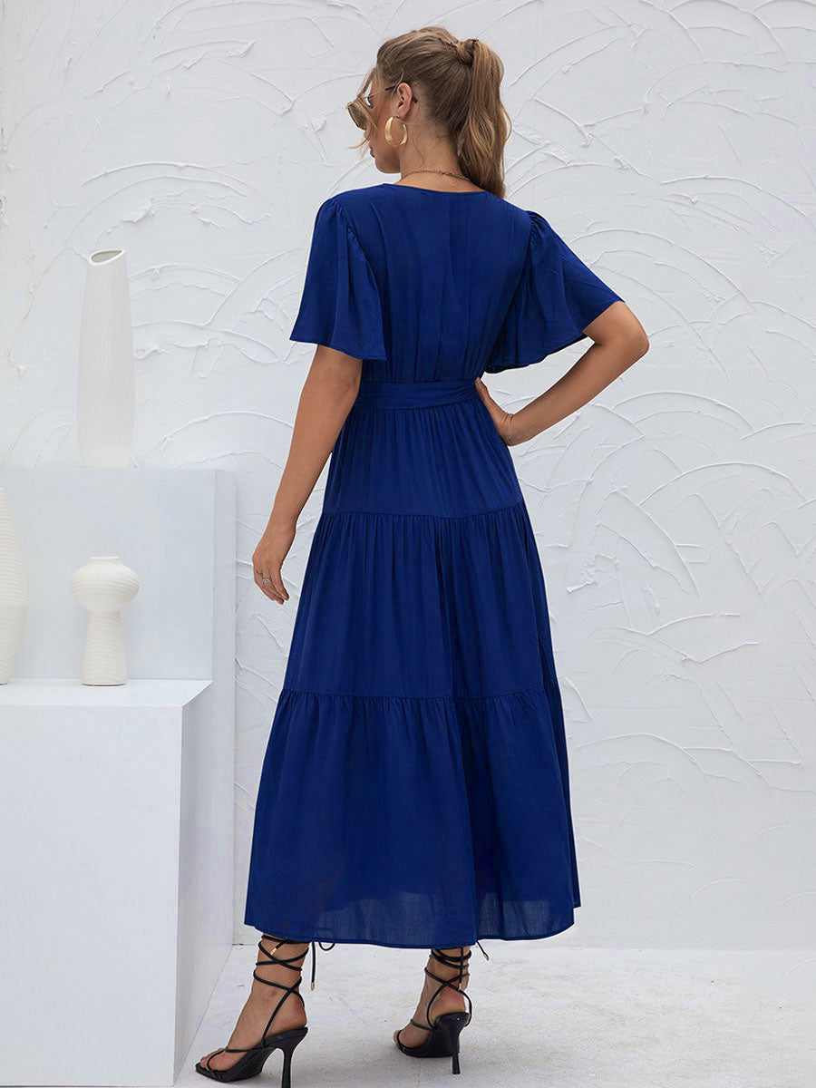 V-Neck Maxi Dress Short Sleeves Casual Layered Floor Length Dress