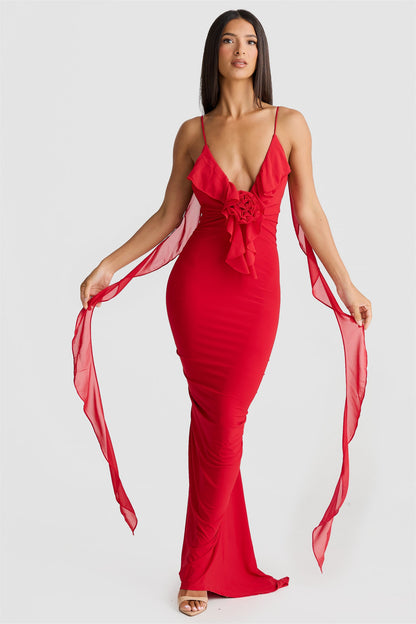 Cornelia Ruffle Floral Applique Maxi Dress