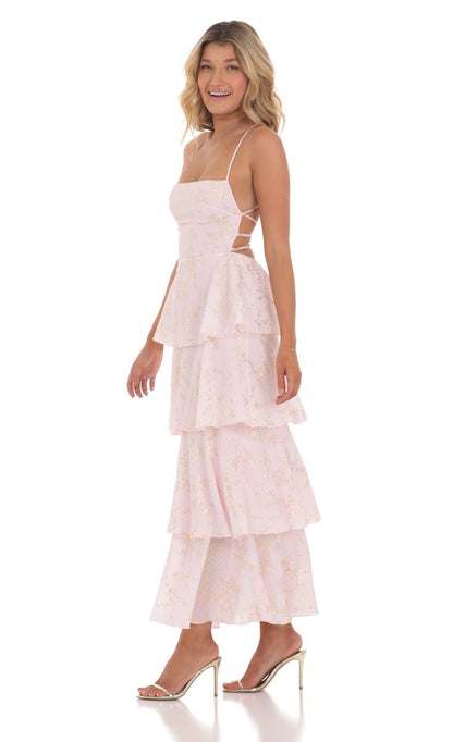 Crinkle Foiled Floral Maxi Dress in Pink