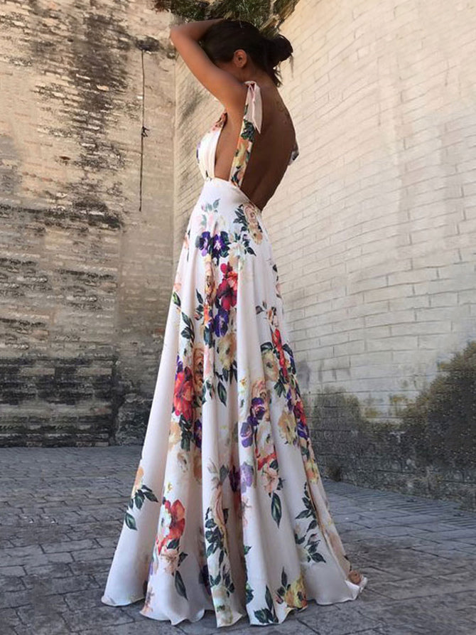 Floral Maxi Dress White V Neck Backless Chiffon Boho Summer Dress