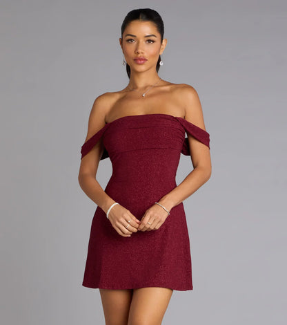 Classic Glitz Glitter Knit Off-The-Shoulder Mini Dress