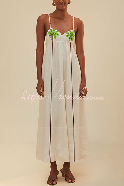 Coconut Tree Print Suspender Backless Large Hem Maxi Dress