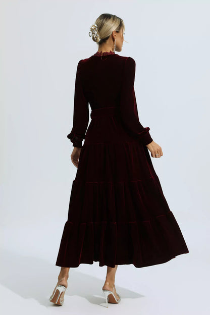 Selene Red Velvet Embroidered Maxi Dress