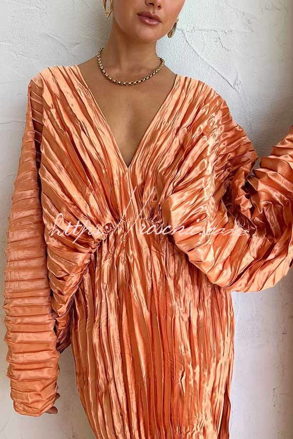 Sculpturally Luxurious Kimono Sleeve Pleated Cocoon Maxi Dress