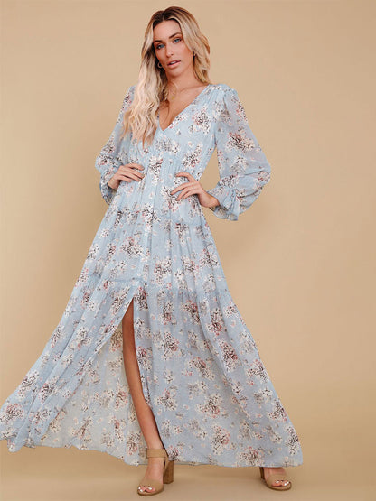 Maxi Dress V-Neck Long Sleeves Casual Floral Print Long Dress