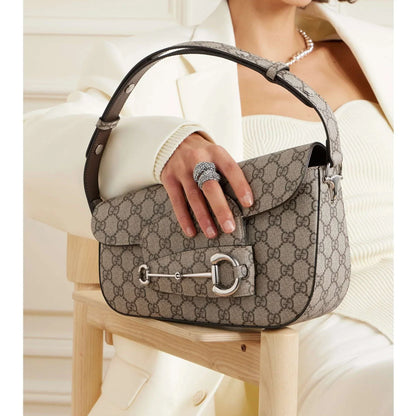 GUCCI Horsebit 1955 leather-trimmed printed coated-canvas shoulder bag