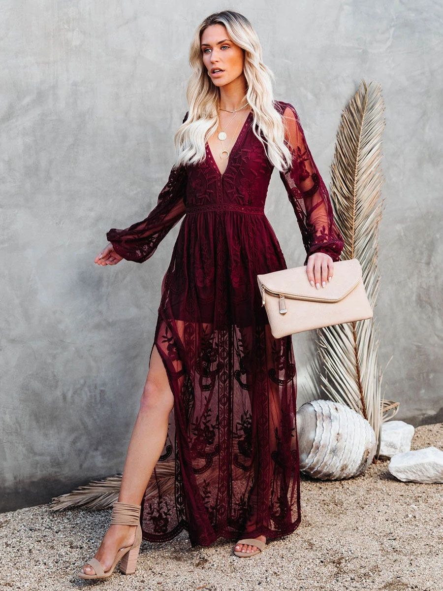 Maxi Dress V-Neck Half Sleeves Lace Bohemian Long Dress