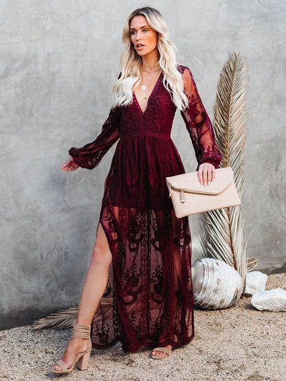 Maxi Dress V-Neck Half Sleeves Lace Bohemian Long Dress