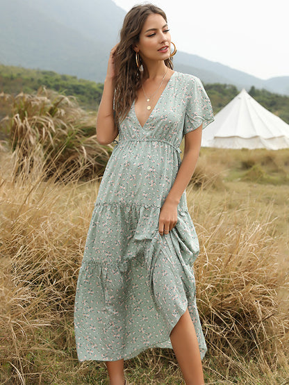 Boho Maxi Dress V Neck Short Sleeves Floral Print Summer Dresses