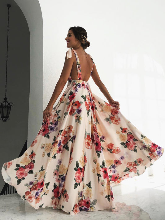 Floral Maxi Dress White V Neck Backless Chiffon Boho Summer Dress