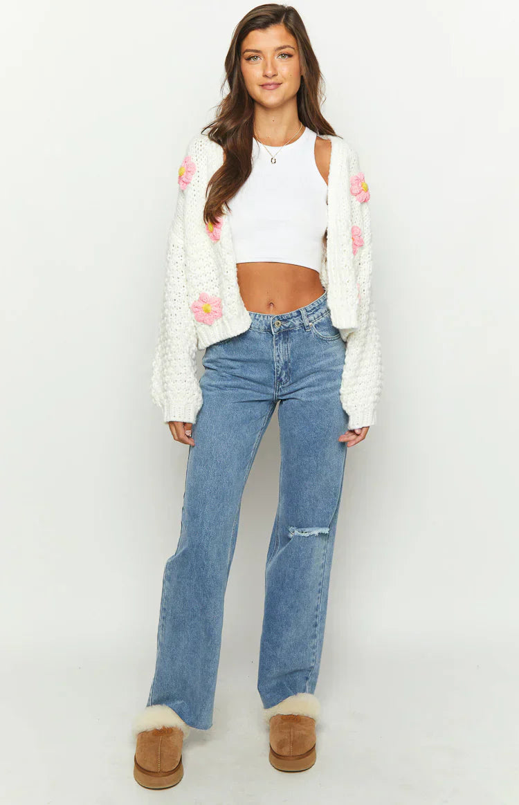 Luella White Flower Knit Cardigan