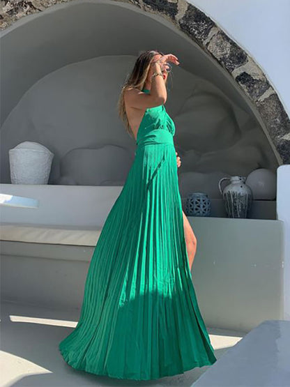 Halter Maxi Dress Sleeveless Casual Backless Pleated Floor Length Dress